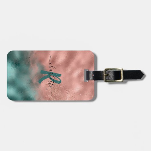 モノグラムティール（緑がかった色）及びソフト赤面ピンクグラデーションフォイルルガ ラゲッジタグ (正面横)