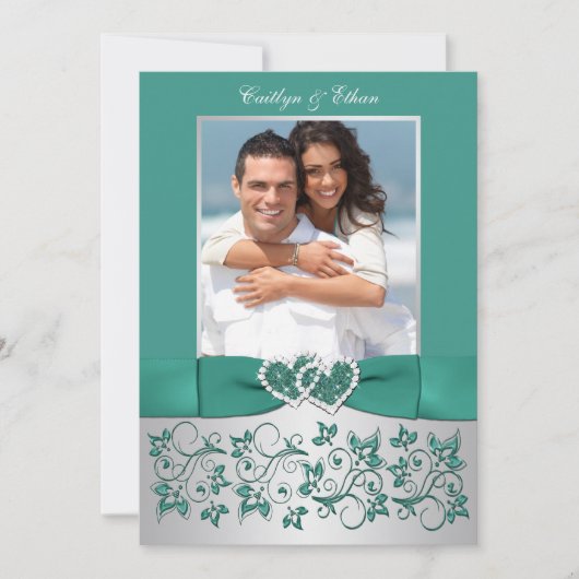 モノグラムティール（緑がかった色）、銀フローラ結婚式招待状 招待状 (正面)
