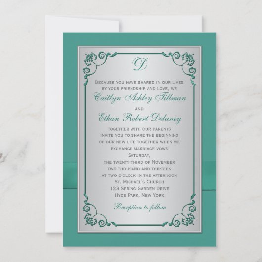 モノグラムティール（緑がかった色）、銀フローラ結婚式招待状 招待状 (裏面)