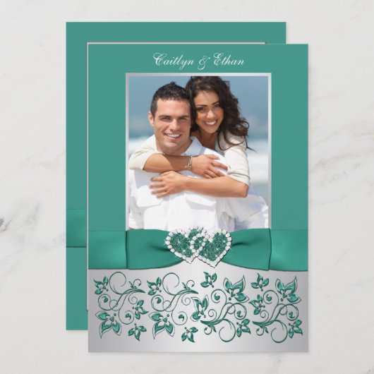 モノグラムティール（緑がかった色）、銀フローラ結婚式招待状 招待状 (正面/裏面)