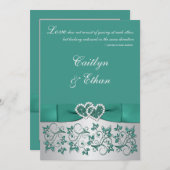 モノグラムティール（緑がかった色）、銀フローラ結婚式招待状 招待状 (正面/裏面)