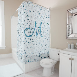 モノグラムテラゾブルーグリーンティール（緑がかった色）ホワイトグレーレトロ シャワーカーテン