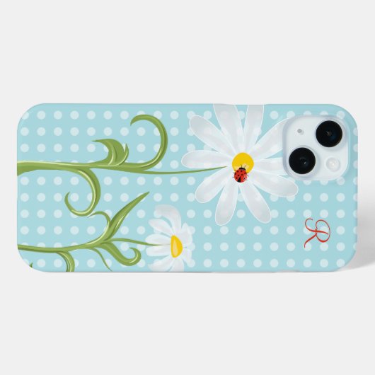 モノグラムデイジーとレディーバグ水玉模様ブルー Case-Mate iPhoneケース (裏面 (横))
