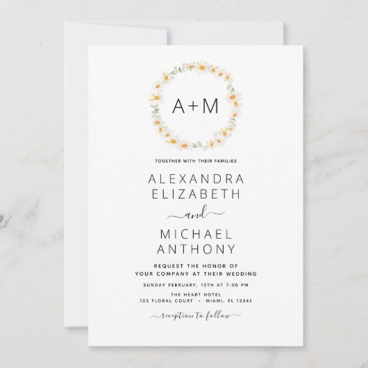 モノグラムデイジーセージ結婚グリーンフローラの発明 招待状 (正面)