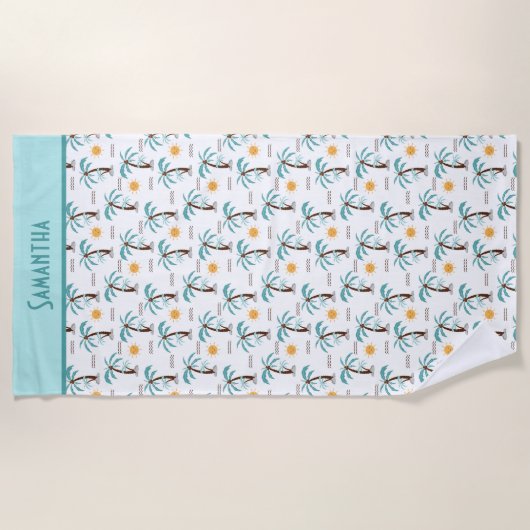 モノグラムトロピカルサマーパームツリーズサンシャインティール(緑がかった色) ビーチタオル (正面)