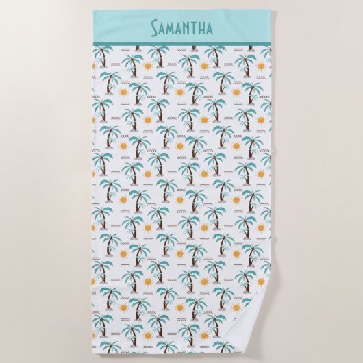 モノグラムトロピカルサマーパームツリーズサンシャインティール(緑がかった色) ビーチタオル (正面)