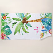モノグラムトロピカルティール（緑がかった色）ピンクフローラパームツリー ビーチタオル (正面)