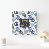 モノグラムトロピカルパームネイビーブルー結婚金ゴールド スクエア壁時計 (ホーム)