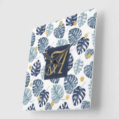 モノグラムトロピカルパームネイビーブルー結婚金ゴールド スクエア壁時計 (傾斜)