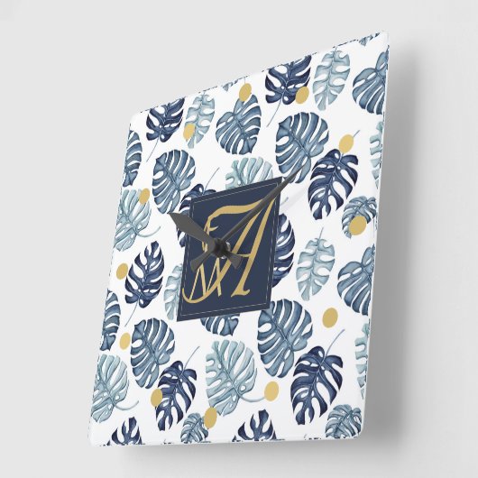 モノグラムトロピカルパームネイビーブルー結婚金ゴールド スクエア壁時計 (傾斜)