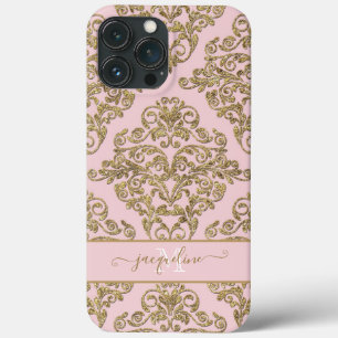 モノグラムドガーリーピンクnゴールドグリッターダマスク名 iPhone 13 pro maxケース