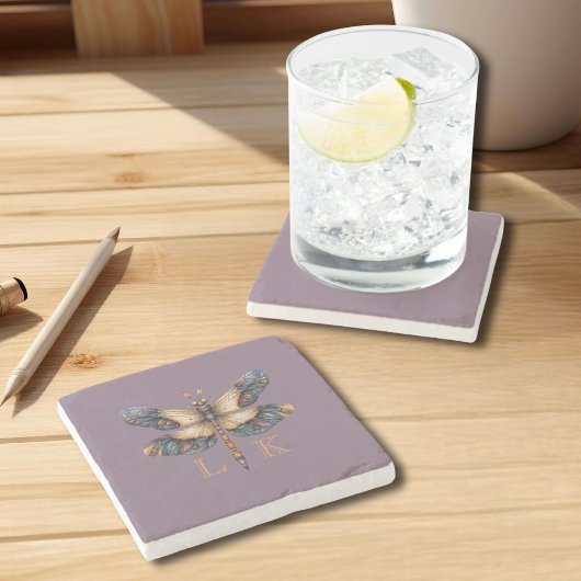 モノグラムドラゴンフライフォークアートソフトパープル ストーンコースター