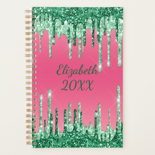 モノグラムドリッピンググリッターグリーンピンクトレンディーグラム プランナー手帳 (正面)
