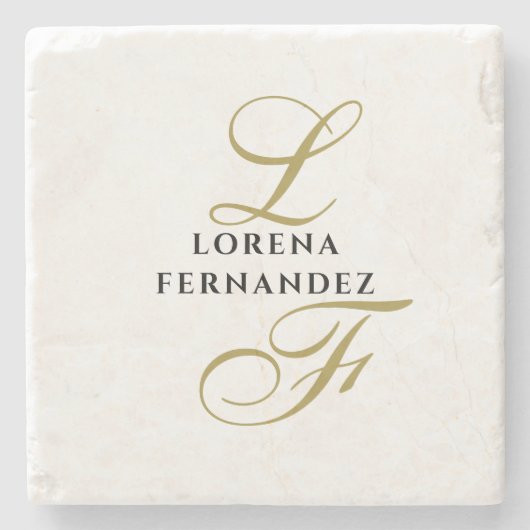 モノグラムニュートラル金ゴールドブラックエレガント名ミニマル ストーンコースター (正面)