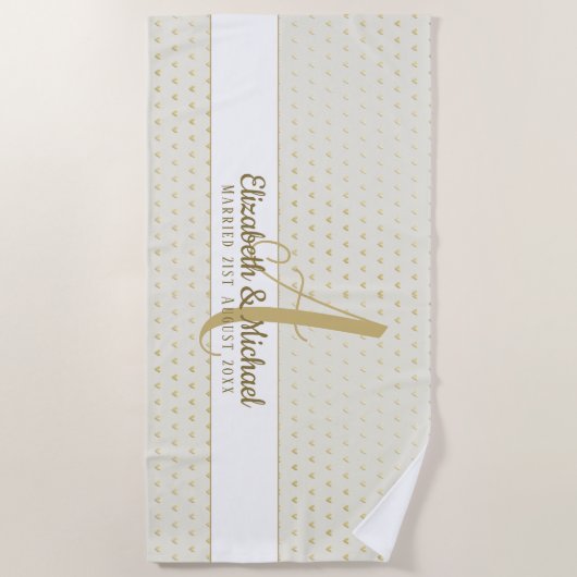 モノグラムニュー結婚リュウズの金ゴールドギフトエレガント ビーチタオル (正面)