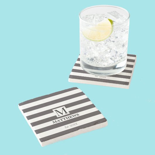 モノグラムネイビストライプーファミリーネームビーチハウス ストーンコースター