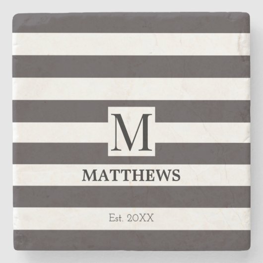 モノグラムネイビストライプーファミリーネームビーチハウス ストーンコースター (正面)