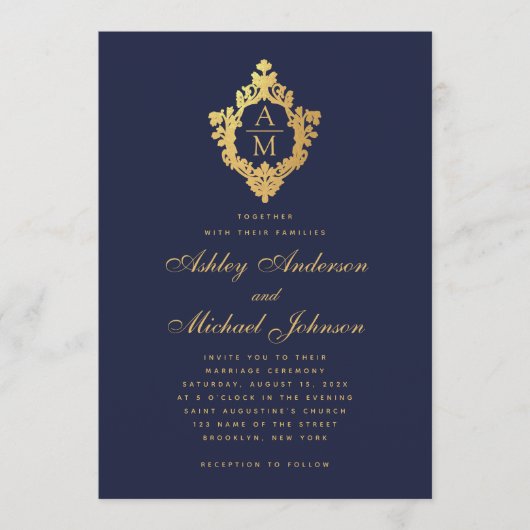 モノグラムネイビーフェイクブルー金ゴールドヴィンテージ結婚クレスト 招待状 (正面)