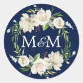 モノグラムネイビーブルーウォーターカラーホワイトフローラ結婚ズ ラウンドシール (正面)