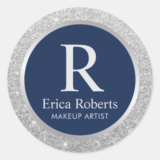 モノグラムネイビーブルーエレガントシルバーグリッター ラウンドシール (正面)