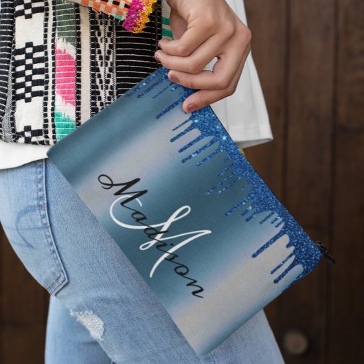 モノグラムネイビーブルーグリッタールックドリップガーリー アクセサリーポーチ