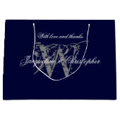 モノグラムネイビーブルーシルバーホワイトエレガントな結婚式 ラージペーパーバッグ (正面)