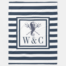 モノグラムネイビーブルーストライプル航海のシーホース フリースブランケット