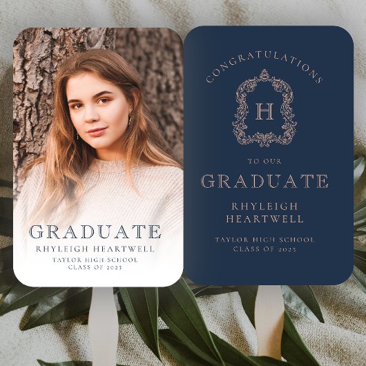 モノグラムネイビーブルーバラ写真卒業 ハンドファン