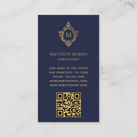 モノグラムネイビーブルーフェイクヴィンテージ金ゴールドクレストQRコード 名刺 (裏面)