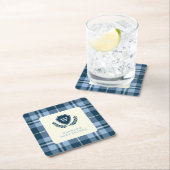 モノグラムネイビーブループレイドベビーシャワーお祝い スクエアペーパーコースター (インサイチュ)