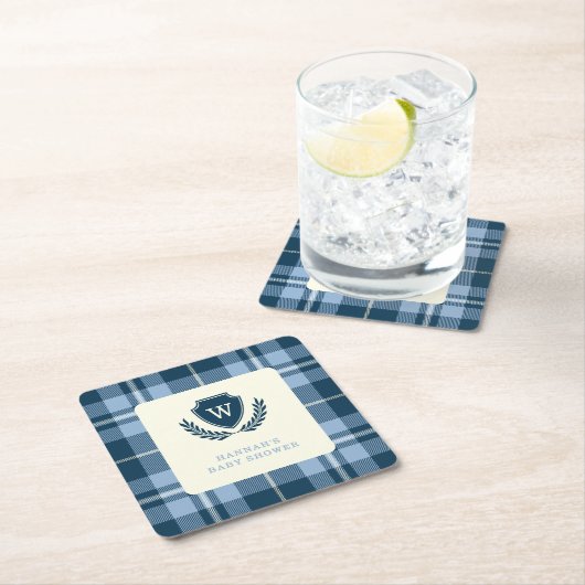 モノグラムネイビーブループレイドベビーシャワーお祝い スクエアペーパーコースター (インサイチュ)