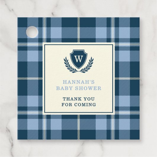 モノグラムネイビーブループレイド男の赤ちゃんシャワーサンキュー フェイバータグ (正面)