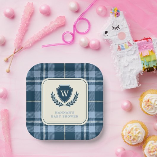 モノグラムネイビーブループレイド男の赤ちゃんシャワー ペーパープレート (パーティー)