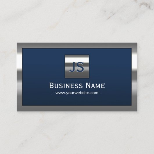 モノグラムネイビーブルーモダンメタルフレームプロフェッショナル 名刺 (正面)