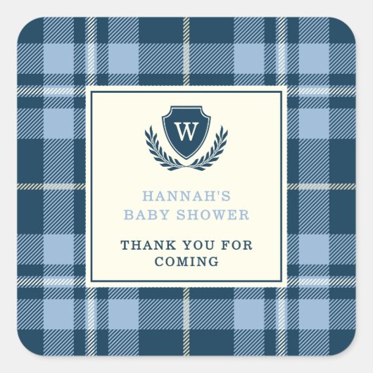 モノグラムネイビーブルー男の赤ちゃんシャワーサンキュー スクエアシール (正面)