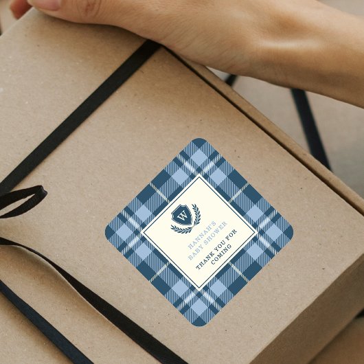 モノグラムネイビーブルー男の赤ちゃんシャワーサンキュー スクエアシール