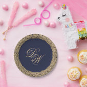 モノグラムネイビーブルー金ゴールドバラスクリプトヴィンテージ ペーパープレート (パーティー)