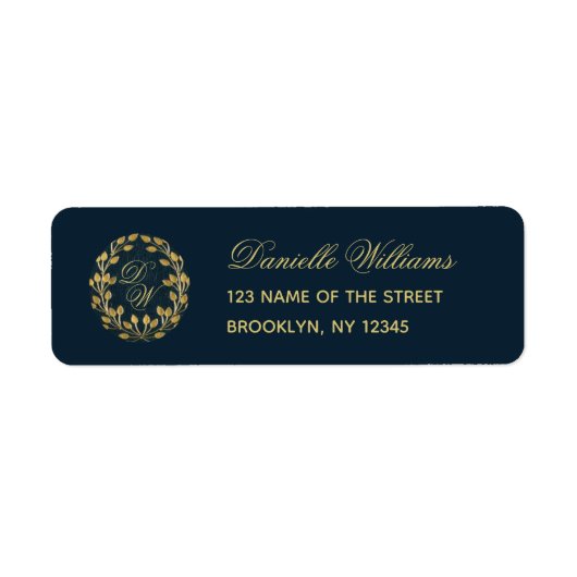 モノグラムネイビーブルー金ゴールドリースエレガント書道 ラベル (正面)