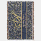 モノグラムネイビーブルー金ゴールドリーフニューリウェズ結婚ズ スローブランケット (正面縦)