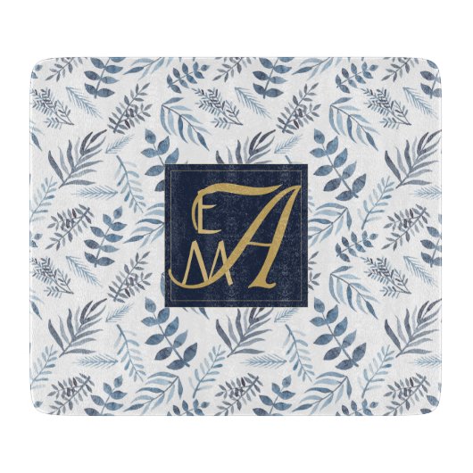 モノグラムネイビーブルー金ゴールド植物性葉シダ カッティングボード (正面)