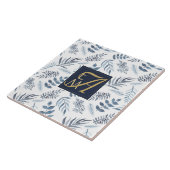 モノグラムネイビーブルー金ゴールド植物性葉シダ タイル (側面)