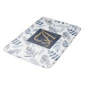 モノグラムネイビーブルー金ゴールド植物性葉シダ バスマット (アングル)