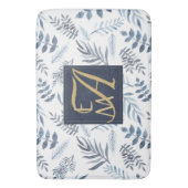 モノグラムネイビーブルー金ゴールド植物性葉シダ バスマット (正面縦)