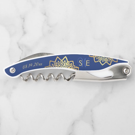 モノグラムネイビーブルー金ゴールド花婿介添人結婚ズ ソムリエナイフ (裏面)