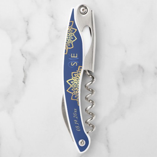 モノグラムネイビーブルー金ゴールド花婿介添人結婚ズ ソムリエナイフ (裏面)