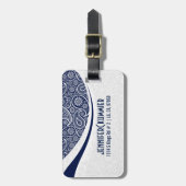 モノグラムネイビーブルー&ホワイトヴィンテージペイズリー ラゲッジタグ (正面縦)