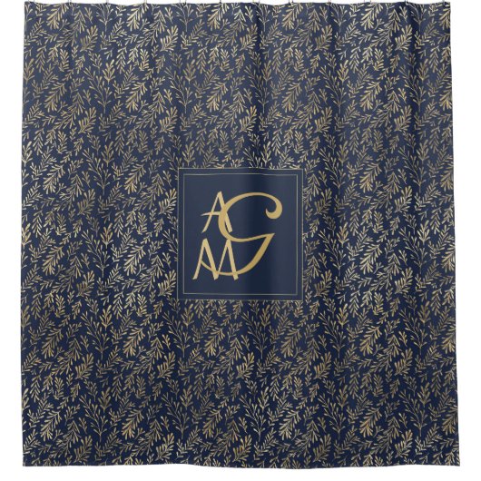 モノグラムネイビー金ゴールドリーフニューリウェズホームデコールギフト シャワーカーテン (正面)