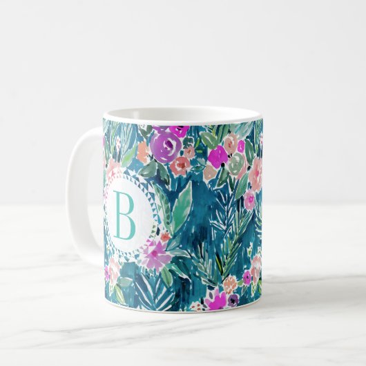 モノグラムネービートロピカルパラダイスハワイアンハイビスカス コーヒーマグカップ (正面左)