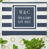 モノグラムネービーブルーホワイトストライプパーソナライズされた キッチンタオル (折り畳み)