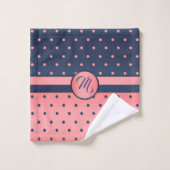 モノグラムネービーブルー&サンゴ水玉模様パターン バスタオルセット (ウォッシュタオル)